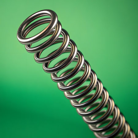 A metallic helical spring is shown at an angle against a vibrant green backdrop. The coils are tightly wound and reflect light.の素材