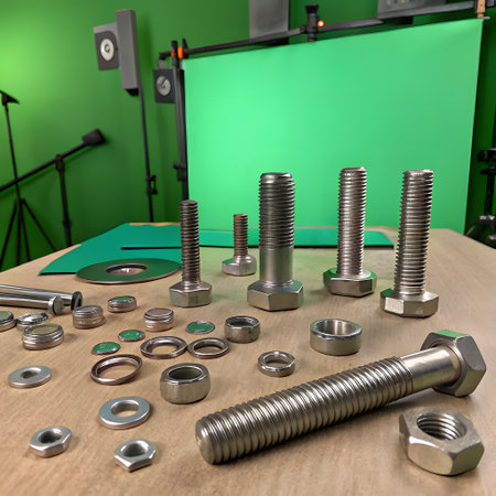 A collection of various metal bolts, nuts, washers, and other hardware are arranged on a wooden table in front of a green screen.の素材