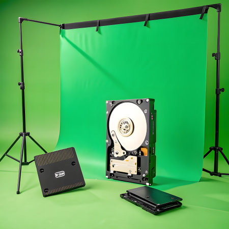 A disassembled hard drive and other computer parts are arranged on a green screen backdrop with studio lighting equipment.の素材