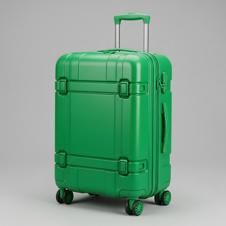 A bright green hardside carry-on suitcase with a retractable handle and four spinner wheels, presented against a neutral gray background.の素材