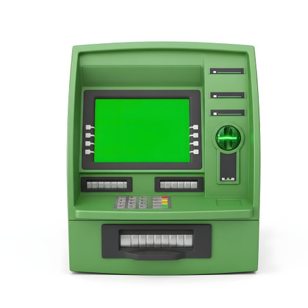 A front view of a bright green ATM machine against a white background. The screen is a vibrant green, ready for content.の素材