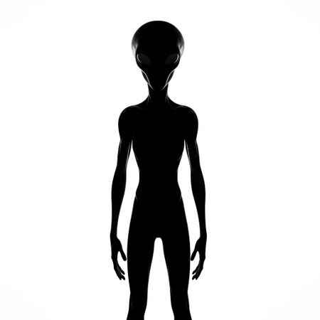 A stark black silhouette of a classic alien shape stands upright, its form defined against a pure white backdrop.の素材