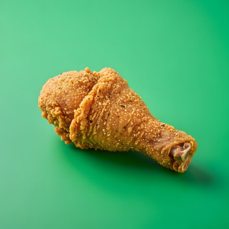 A single, golden-brown, crispy fried chicken drumstick rests on a plain, bright green surface, showcasing its texture.の素材