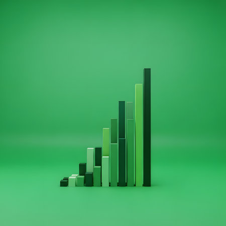 A series of green bars of increasing height arranged in a diagonal line against a solid green background.の素材