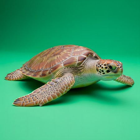 A detailed view of a green sea turtle with textured shell and flippers extended, set against a solid, bright green backdrop.の素材