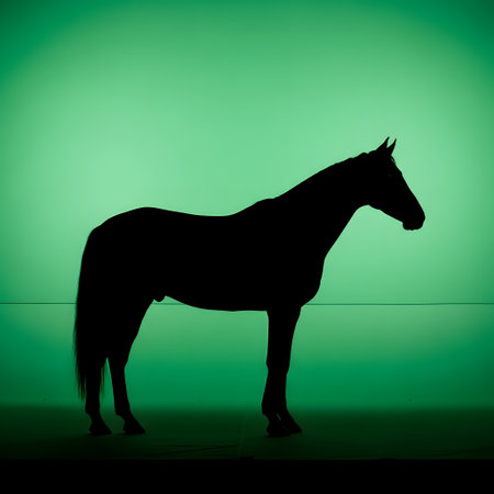 A dark silhouette of a horse stands proudly against a luminous, gradient green background, creating a striking contrast.の素材