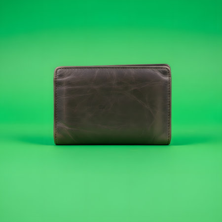 A dark brown leather wallet is shown closed against a bright, solid green backdrop. The wallet appears to be made of textured leather.の素材