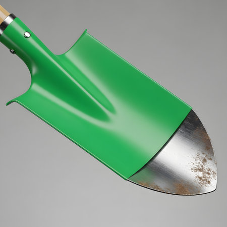 A bright green garden trowel with a shiny metal scoop and wooden handle is shown against a neutral background.の素材