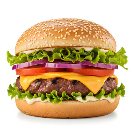 A delicious, stacked cheeseburger featuring a thick beef patty, melted cheese, crisp lettuce, ripe tomato, and red onion.の素材