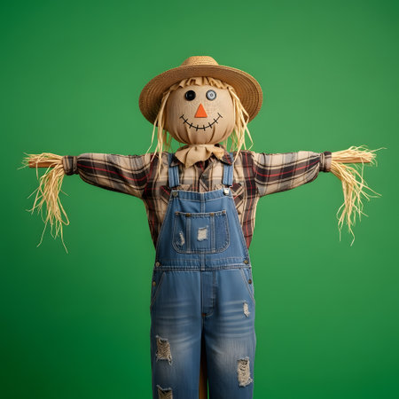 A cheerful scarecrow wearing a plaid shirt, denim overalls, and a straw hat stands with arms outstretched against a solid green backdrop.の素材