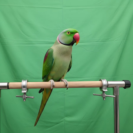 A vibrant green Indian Ringneck parrot with a red beak and a black neck ring sits on a wooden perch against a green backdrop.の素材
