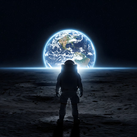 A lone astronaut stands on the moon, facing a glowing Earth rising over the lunar horizon. The scene is dark and awe-inspiring.の素材