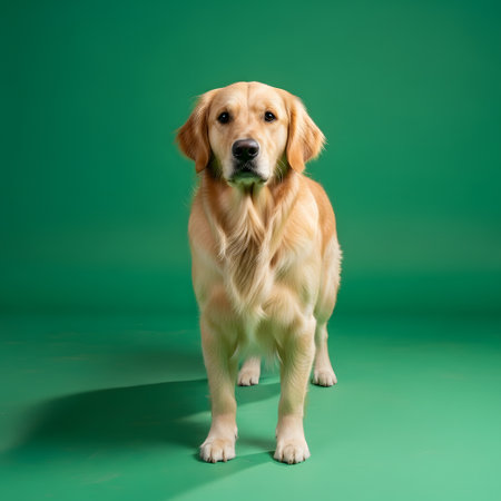 A beautiful golden retriever dog stands facing forward against a solid green backdrop, looking directly at the camera.の素材