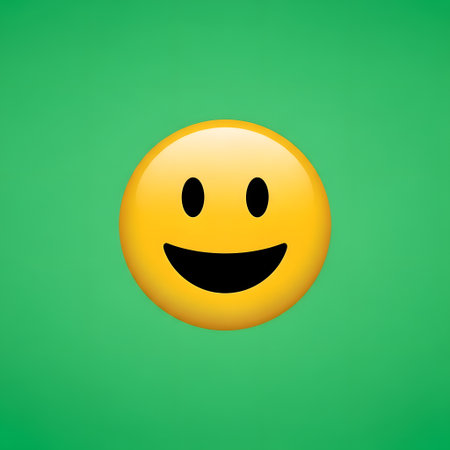 A classic yellow smiley face emoji with a wide grin and simple black eyes and mouth, set against a solid, bright green backdrop.の素材