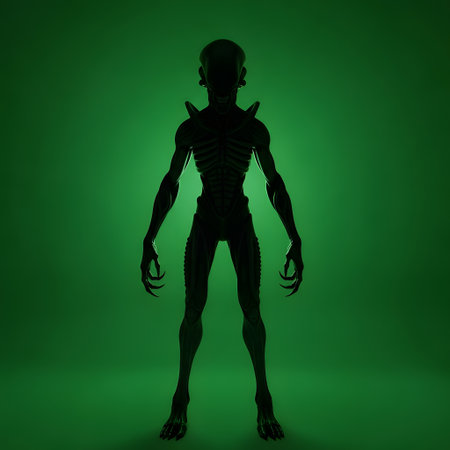 A dark silhouette of a humanoid alien figure stands centrally against a glowing, gradient green backdrop, casting a faint shadow.の素材