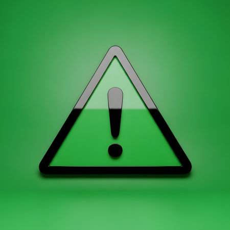 A glossy, triangular warning sign with a black exclamation mark inside, set against a vibrant green gradient background.の素材