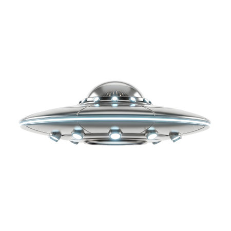 A futuristic, metallic flying saucer with glowing lights hovers against a clean white backdrop, suggesting alien technology.の素材