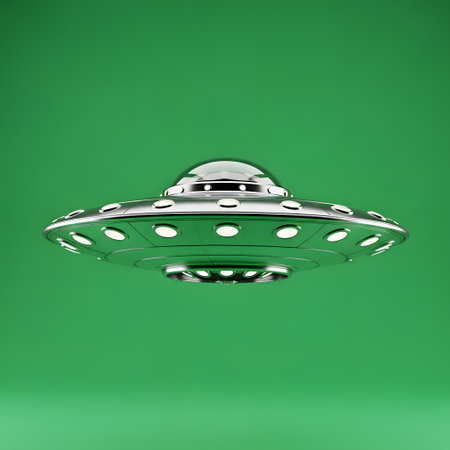A metallic flying saucer with glowing lights is suspended against a solid green backdrop, suggesting an alien spacecraft.の素材