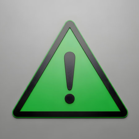 A bright green equilateral triangle with a thick black border contains a black exclamation mark symbol. The sign is set against a gradient gray background.の素材