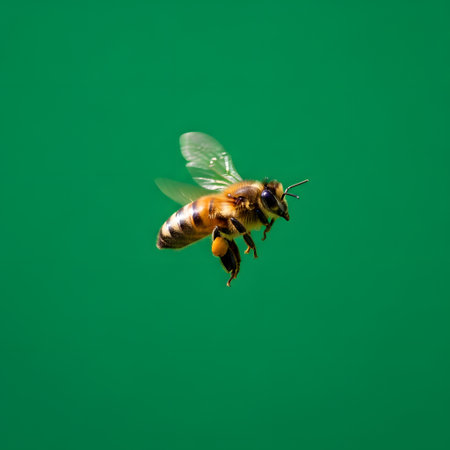 A close-up shot of a bee in flight, its wings blurred with motion, set against a plain green backdrop, highlighting its intricate details.の素材