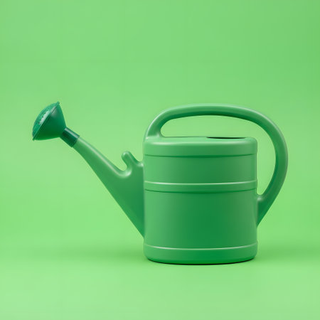 A simple green watering can is positioned on a solid, bright green surface, creating a monochromatic and clean visual.の素材