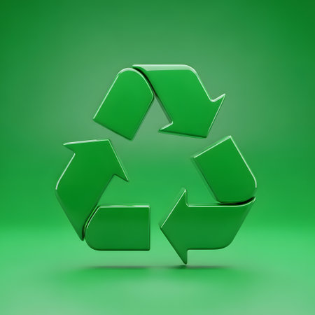 A 3D rendering of the universal recycling symbol in a vibrant green hue, set against a soft, gradient green backdrop.の素材