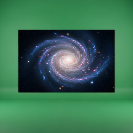 A luminous spiral galaxy with glowing blue and purple arms, set against a dark starry background. The central core is intensely bright.の素材