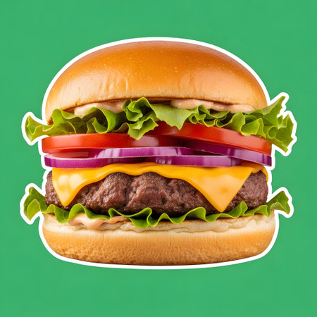 A delicious, stacked cheeseburger with lettuce, tomato, red onion, and melted cheddar cheese on a bun.の素材