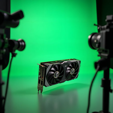 A high-end graphics processing unit is showcased in a studio setting with professional cameras and a vibrant green screen background.の素材