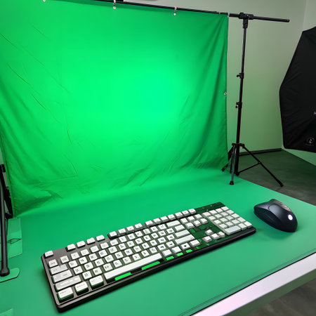 A keyboard and mouse are placed on a green screen surface, ready for chroma keying in video editing.の素材