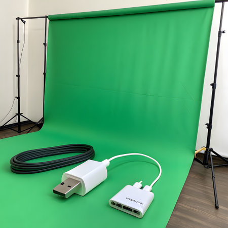 A green screen backdrop with lighting stands, a USB to VGA adapter, and a black cable are arranged on the floor.の素材