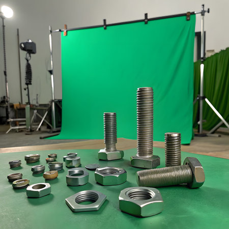 A variety of metal nuts and bolts are arranged on a green surface in front of a studio green screen.の素材