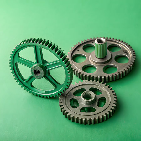 A close-up shot of three metallic gears of varying sizes arranged on a vibrant green surface, suggesting mechanical connection and industry.の素材
