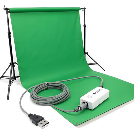 A portable green screen backdrop on a stand, with a USB device and coiled cable laid out on the green fabric.の素材