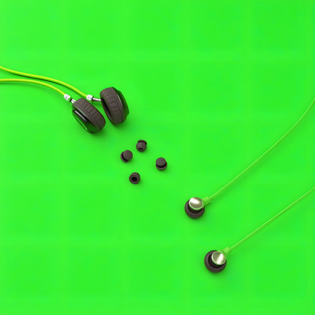 A pair of disassembled earbuds, wires, and small electronic components are scattered across a bright green surface.の素材