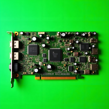 A detailed view of a computer's internal expansion card, showcasing its intricate circuitry and components against a vibrant green backdrop.の素材