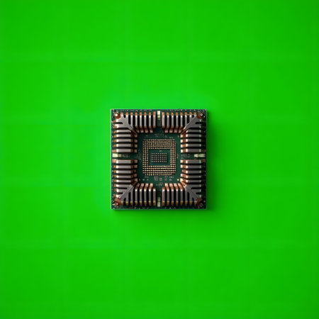 A detailed macro shot of a square computer chip with numerous pins, centered on a bright green surface.の素材