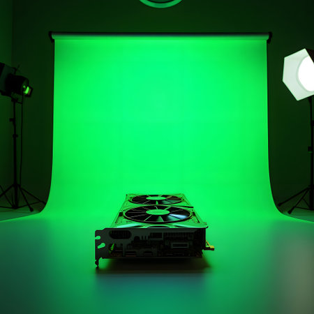 A toy car is positioned in front of a vibrant green screen background, illuminated by studio lights.の素材