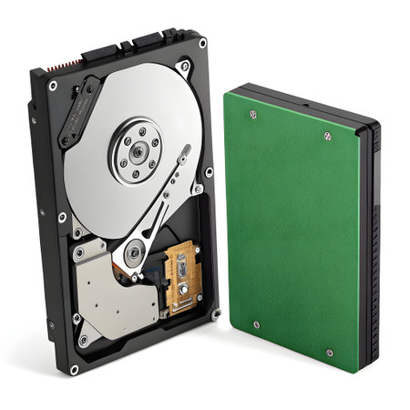 An open internal hard disk drive is shown next to a green circuit board, likely a solid state drive component, on a white background.の素材