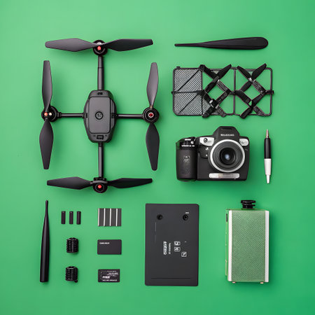 A collection of drone parts, a camera, and accessories are neatly arranged on a vibrant green surface.の素材