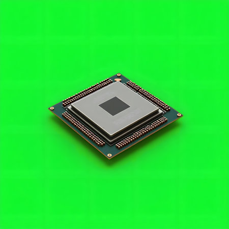 A detailed view of a central processing unit, showcasing its intricate design and metallic surface against a bright green backdrop.の素材