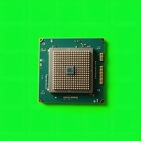 A detailed view of a central processing unit, showcasing its intricate pins and circuitry against a bright, solid green backdrop.の素材