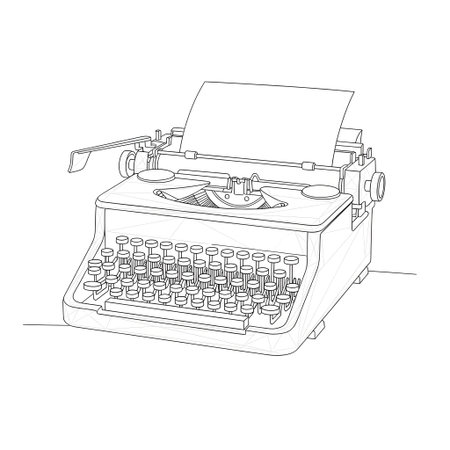 A detailed black and white sketch of an old-fashioned typewriter with paper loaded and ready for writing.の素材