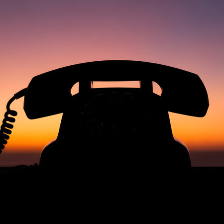 A black silhouette of an old-fashioned rotary telephone stands against a dramatic orange and purple sunset, evoking nostalgia and communication.の素材