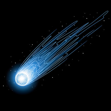 A glowing blue sphere trails digital data streams across a black background, resembling a futuristic comet.の素材