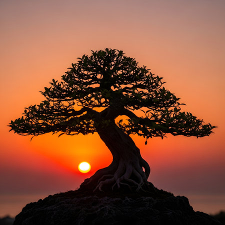 A dramatic silhouette of a mature bonsai tree stands tall against a brilliant orange and yellow sunset sky.の素材