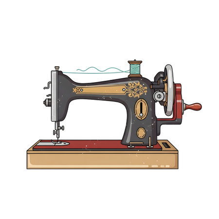 A detailed illustration of an antique sewing machine with ornate floral patterns on a wooden base.の素材