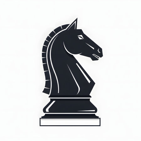A stark black silhouette of a chess knight piece, detailed with white highlights, stands on a pedestal against a clean white background.の素材