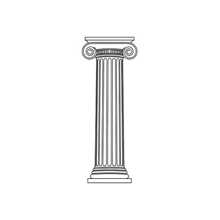 A detailed black and white line drawing of a single, fluted Ionic column with a volute capital, isolated on a white background.の素材