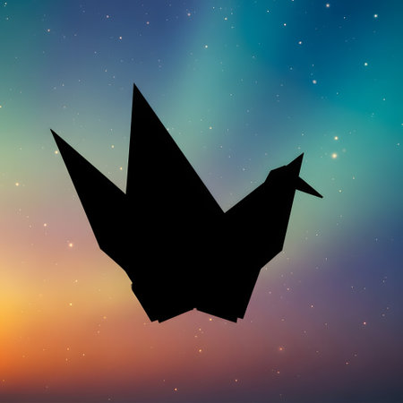 A black origami crane is silhouetted against a vibrant sky with streaks of orange, yellow, blue, and teal, dotted with faint stars.の素材